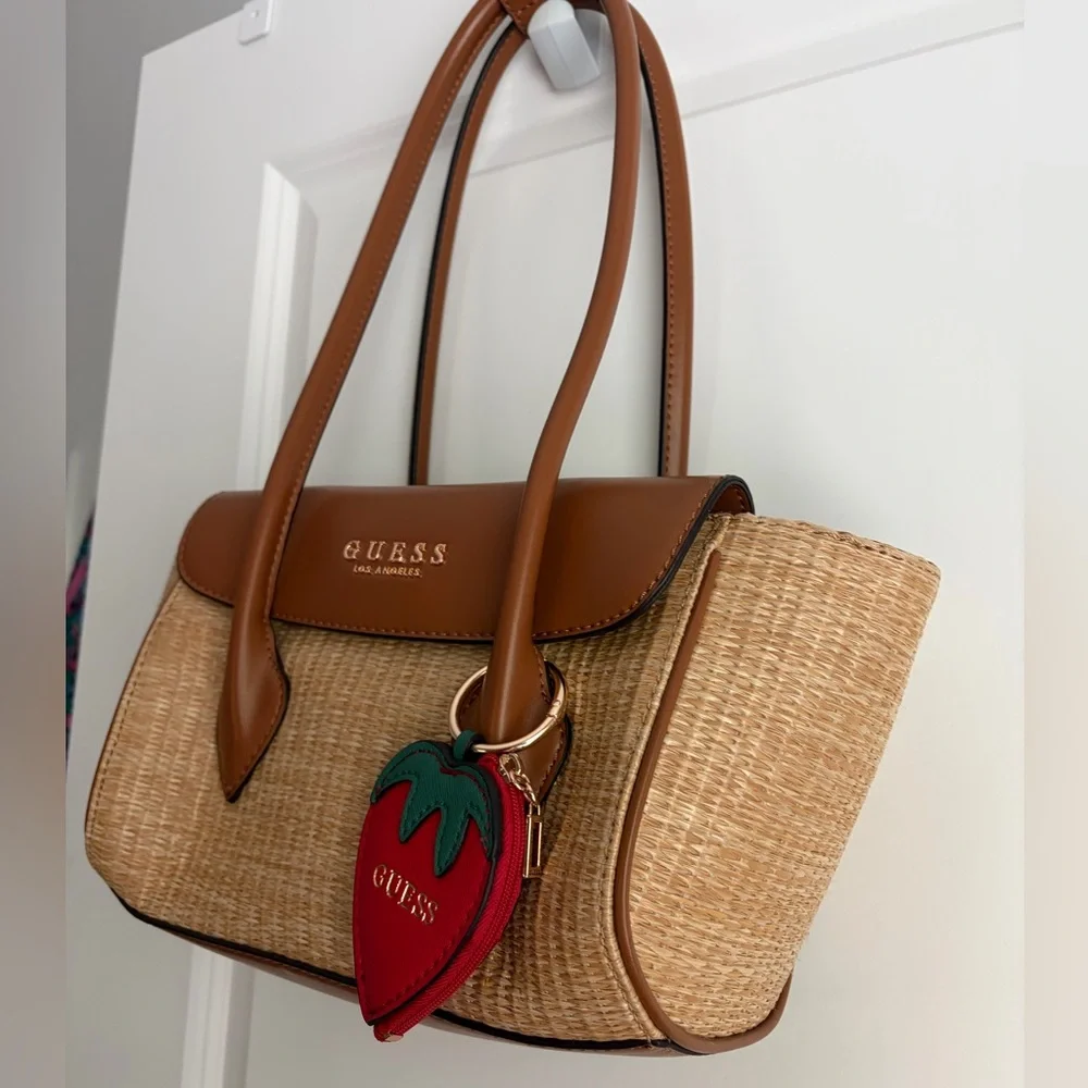 GUESS Tan Straw Purse Tote with Brown Trim and Strawberry Coin Purse Charm NWOT